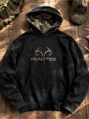 Y2K Realtree Black Logo Hoodie Men’s Medium Camo Hunting Sweatshirt